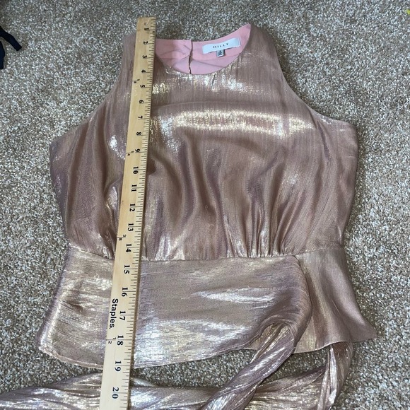MILLY Women's Metallic Lurex Silk blend Chiffon Lauren Top pink waist tie SZ 0 - Picture 9 of 12